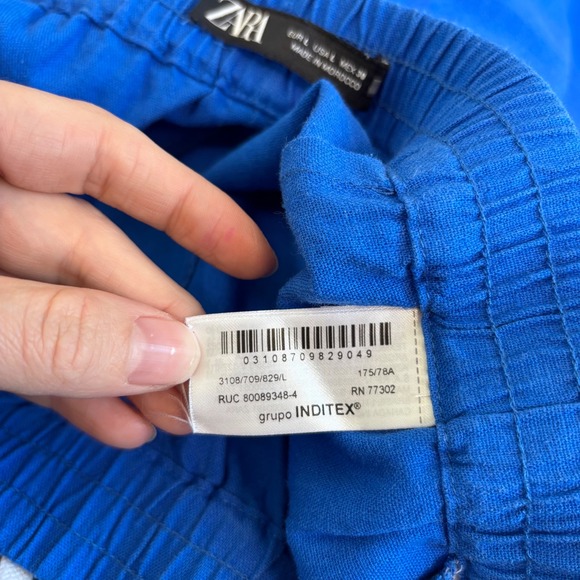 ZARA Linen Blend Wide Leg Palazzo Pants, Size Large, Royal Blue, Elastic Waist - Picture 16 of 16